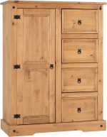Corona 1 Door 4 Drawer Low Wardrobe Distressed Waxed Pine