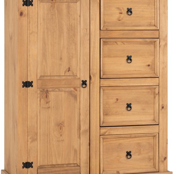 Corona 1 Door 4 Drawer Low Wardrobe Distressed Waxed Pine