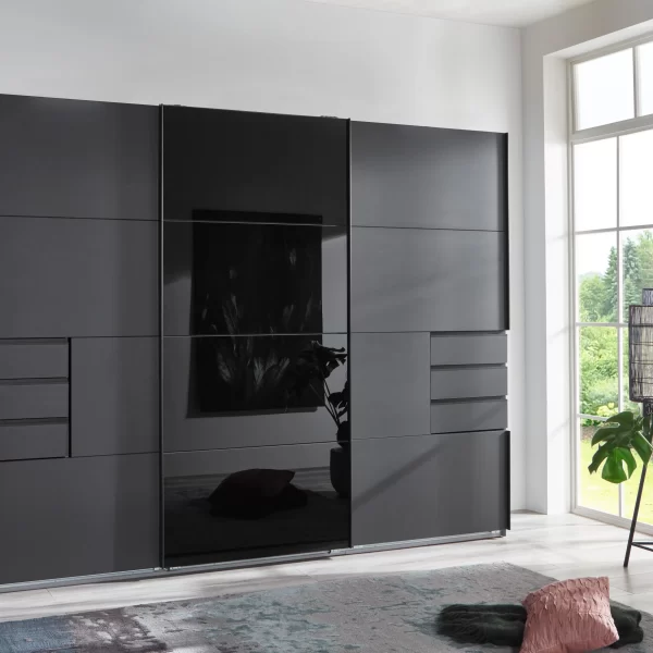 Saigon - Graphite 3 door 1 black glass wardrobe