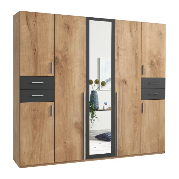 Vegas - planked oak And graphite 5 Door Wardrobe