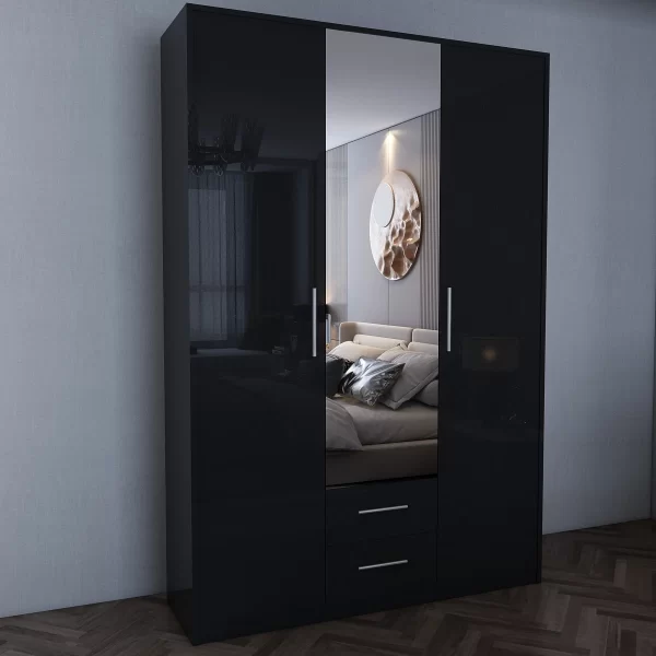 Swindon Gloss Black 3 Door 135cm Wardrobe