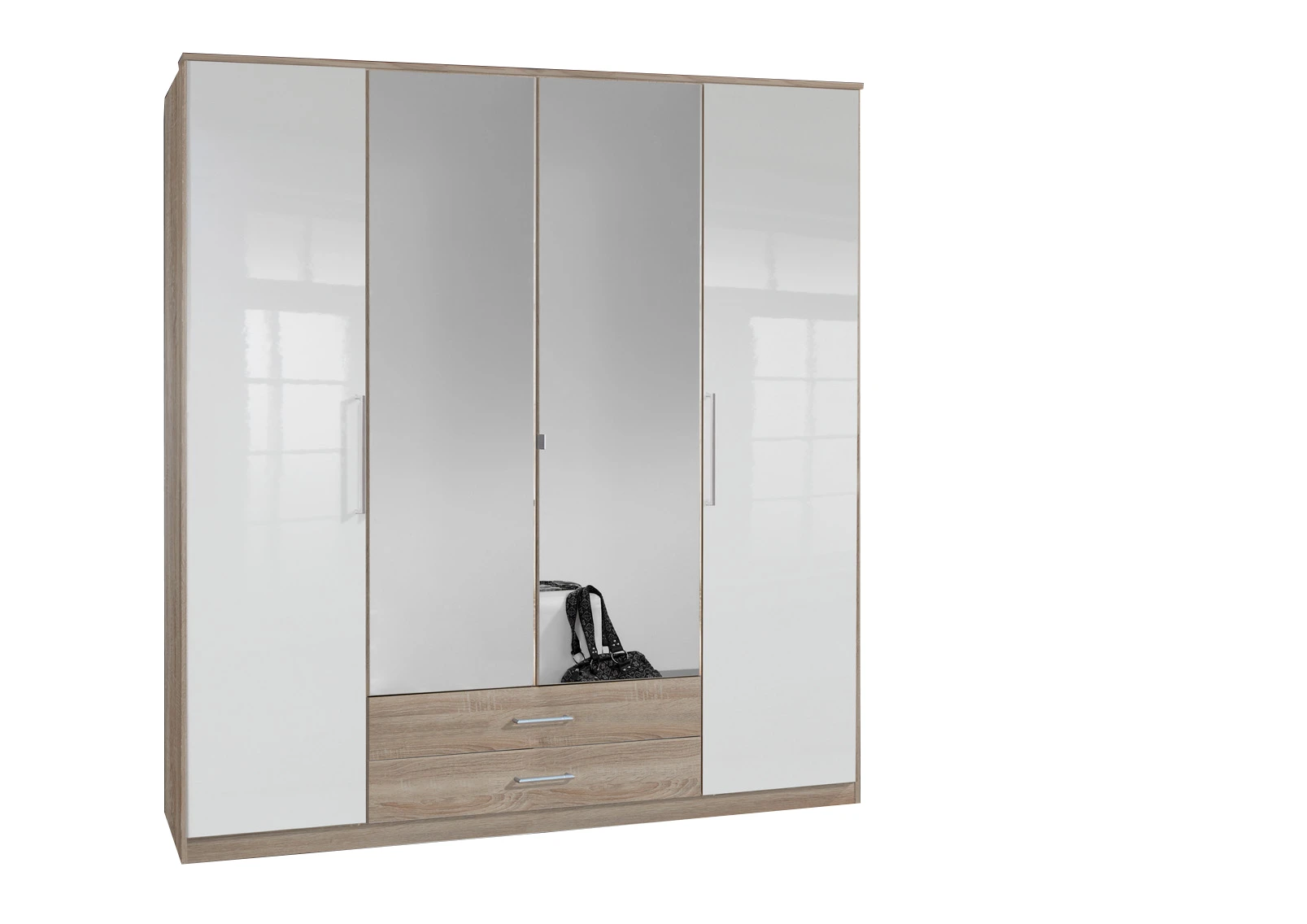 5-1753047275-687d60eba7501-w-main.webp GAMMA 111453 4 door gloss white and oak wardrobe - Image 1
