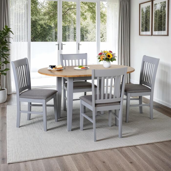 OXFORD EXTENDING DINING SET (X4 CHAIRS) – NATURAL OAK/GREY FABRIC OXFORD EXTENDING DINING SET (X4 CHAIRS) - NATURAL OAK/GREY FABRIC - Image 1