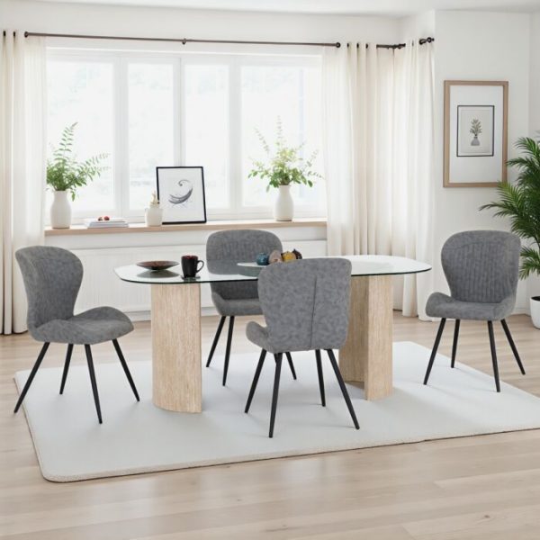 MODENA & QUEBEC DINING SET (X4 CHAIRS) - CREAM/GREY FAUX LEATHER