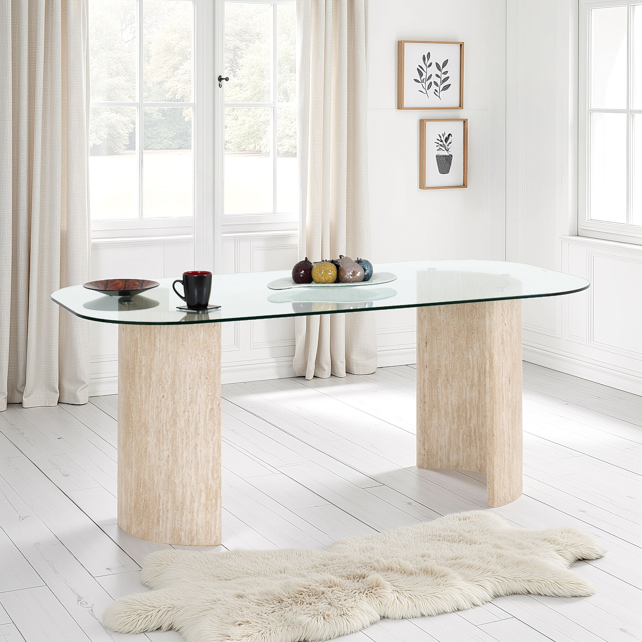 400-403-080_2 MODENA DINING TABLE - CLEAR GLASS/CREAM MARBLE EFFECT - Image 1