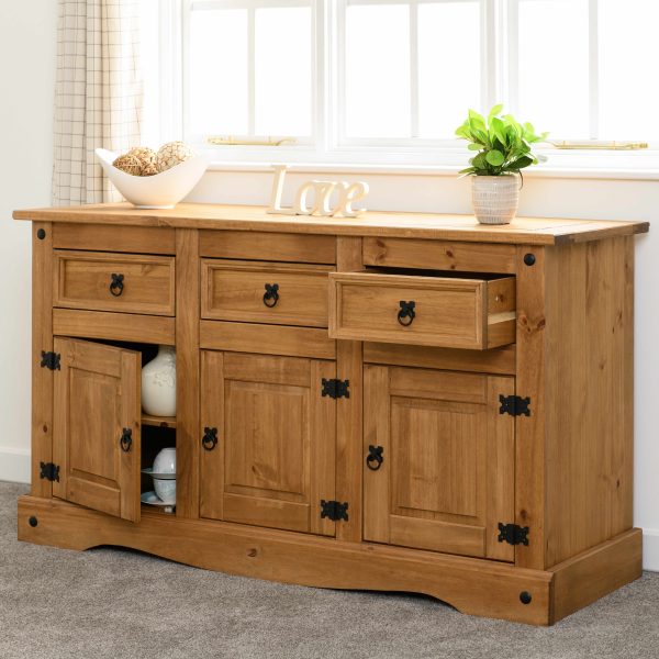 CORONA 3 DOOR 3 DRAWER SIDEBOARD - DISTRESSED WAXED PINE