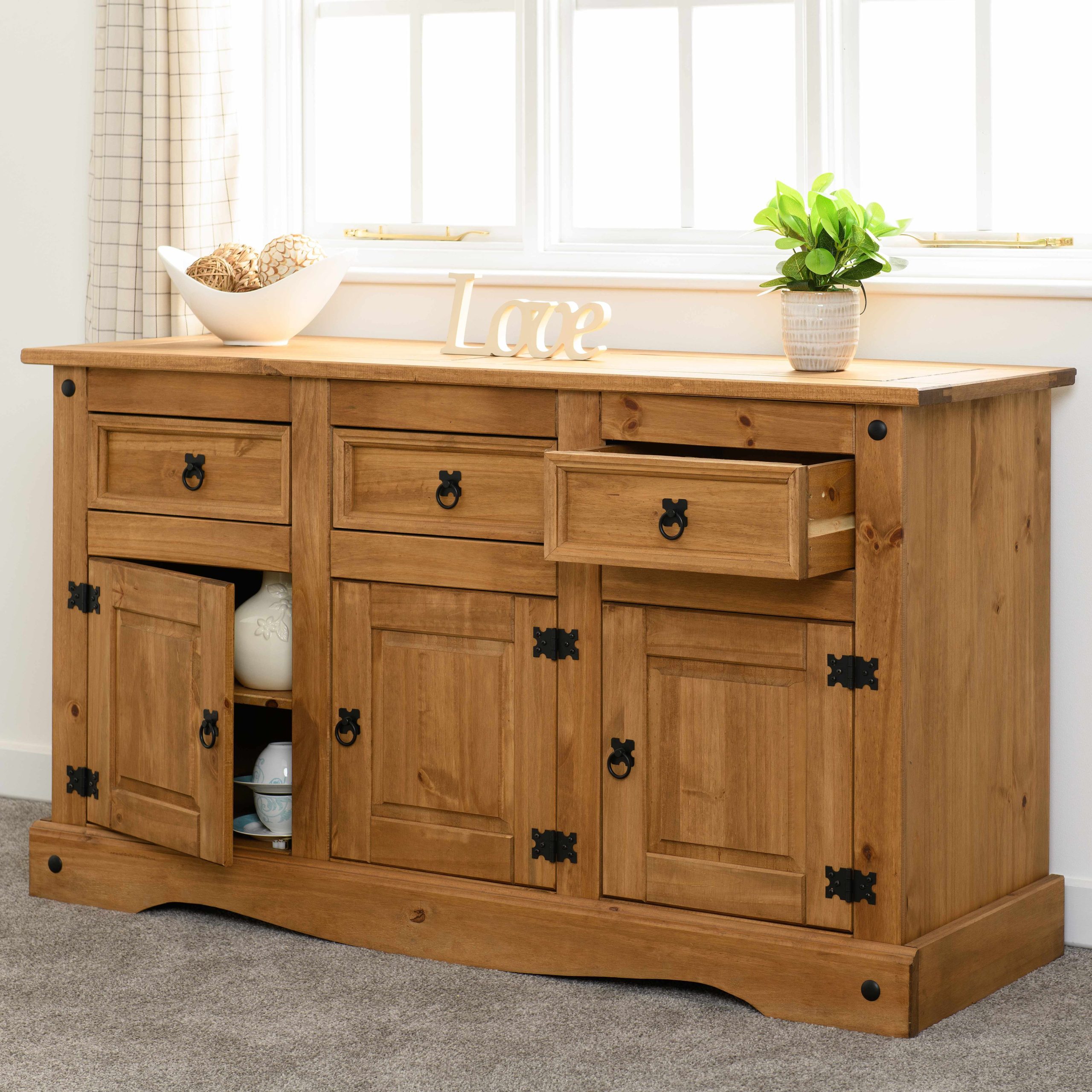 400-405-010_1 CORONA 3 DOOR 3 DRAWER SIDEBOARD - DISTRESSED WAXED PINE - Image 1
