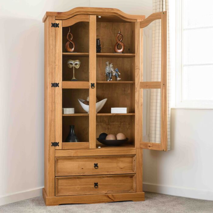 400-406-004_2 CORONA 2 DOOR 2 DRAWER GLASS DISPLAY UNIT - DISTRESSED WAXED PINE/GLASS - Image 1