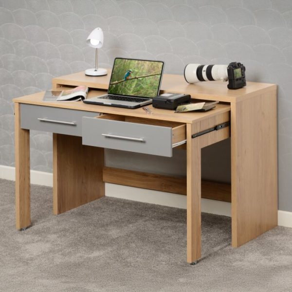 SEVILLE 2 DRAWER SLIDER DESK - GREY GLOSS/LIGHT OAK EFFECT VENEER