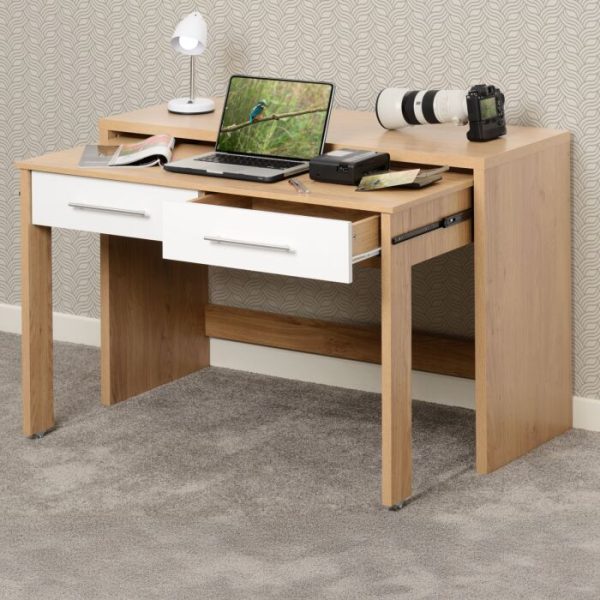 SEVILLE 2 DRAWER SLIDER DESK - WHITE GLOSS/LIGHT OAK EFFECT VENEER