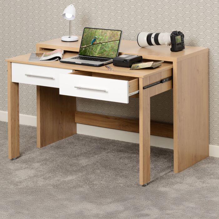 500-501-013 SEVILLE 2 DRAWER SLIDER DESK - WHITE GLOSS/LIGHT OAK EFFECT VENEER - Image 1