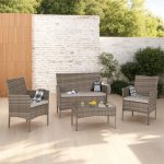 WILLOW 4PC GARDEN SET - GREY RATTAN/GREY FABRIC/CLEAR GLASS