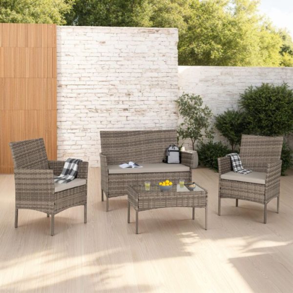 WILLOW 4PC GARDEN SET - GREY RATTAN/GREY FABRIC/CLEAR GLASS