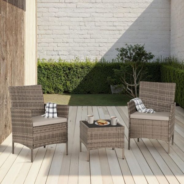 WILLOW 3PC GARDEN SET - GREY RATTAN/GREY FABRIC/BLACK GLASS