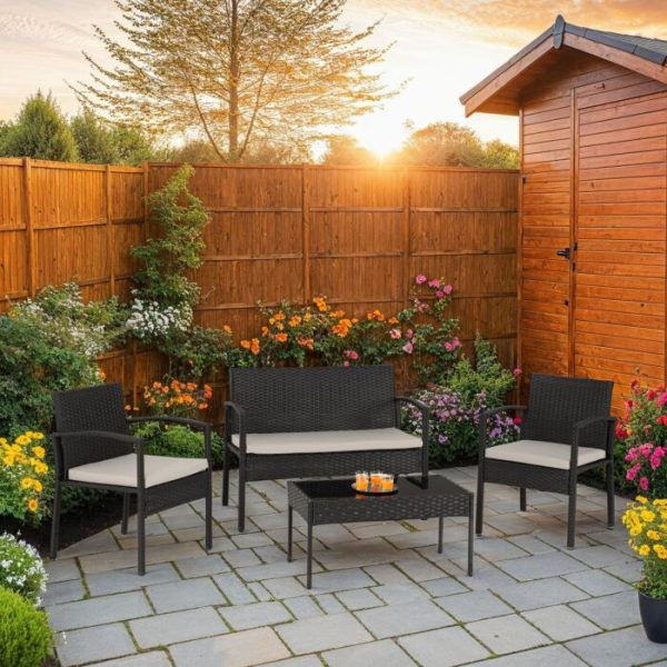 CEDAR 4PC GARDEN SET - BLACK RATTAN/GREY FABRIC/BLACK GLASS
